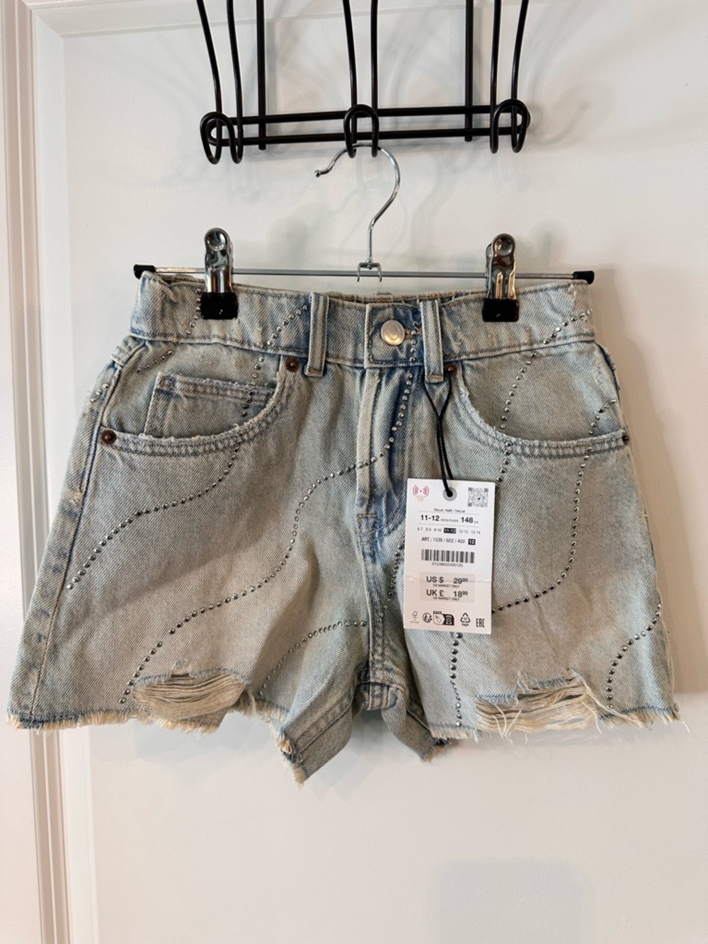 Zara Light Blue Distressed Denim Shorts with Stud Accents
